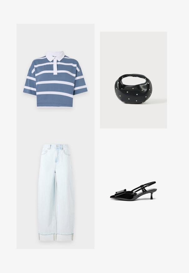 Abgeschnittenes Polo-Shirt in Blau mit weißen horizontalen Streifen, kurzen Ärmeln und einem klassischen weißen Kragen mit durchgeknöpftem Blendenverschluss.; Helle blaue weit geschnittene Jeans aus Denim, mit hoher Taille, Fronttaschen und einem umgeschlagenen Saum mit sichtbaren Nähakzenten.; Schwarze Lackleder-Slingbacks mit spitzer Zehenpartie, einer Schleifendetail an der Vorderseite und einem kleinen Stiletto-Absatz. Die Riemen haben verstellbare Schnallen.; Schwarze Lederhandtasche mit abgerundeter Form, verziert mit silbernen Nietenakzenten und kurzem Griff. Glatte Struktur und Reißverschlussverschluss.