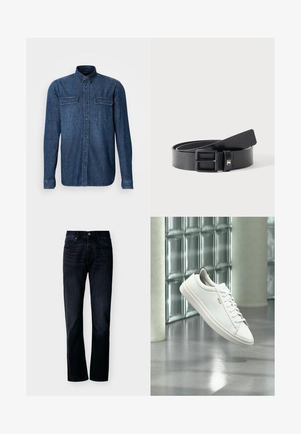 Langärmliges Jeanshemd, dunkelblau, zwei Brusttaschen mit Klappen, Knopfleiste auf der Vorderseite, Kragen und gestickte Details an den Ärmeln.; Dunkel indigoblaue Jeans mit geradem Bein, vorn mit Knopf- und Reißverschluss, Gürtelschlaufen und Fünf-Taschen-Design, dargestellt vor schlichtem hellem Hintergrund.; Weißer Leder-Low-Top-Sneaker mit Schnürsenkeln, schwarzer Fersenschlaufe und „BOSS“-Logo, der drinnen nahe einer Glassteinwand und einem polierten Boden schwebt.; Schwarzer Ledergürtel mit matter schwarzer Metallschnalle, leicht gerollt mit Gürtelende auf einer weißen Oberfläche liegend.