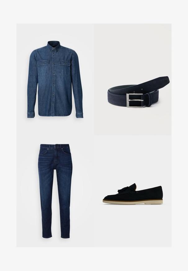 Langærmet denimskjorte, mørkeblå, to brystlommer med klaplukninger, knaplukning foran, krave og syninger på manchetterne.; Mørkeblå denimbukser med lige ben, der har lommer og knaplukning i taljen. Blød tekstur, minimal falming.; Sort læderloafer med frynser og en beige gummisål, vist fra siden på en ensartet lys grå baggrund.; Rullet mørkeblåt ruskindsbælte med sølvfarvet rektangulært spænde indgraveret med "BOSS" på en ensartet lys baggrund.