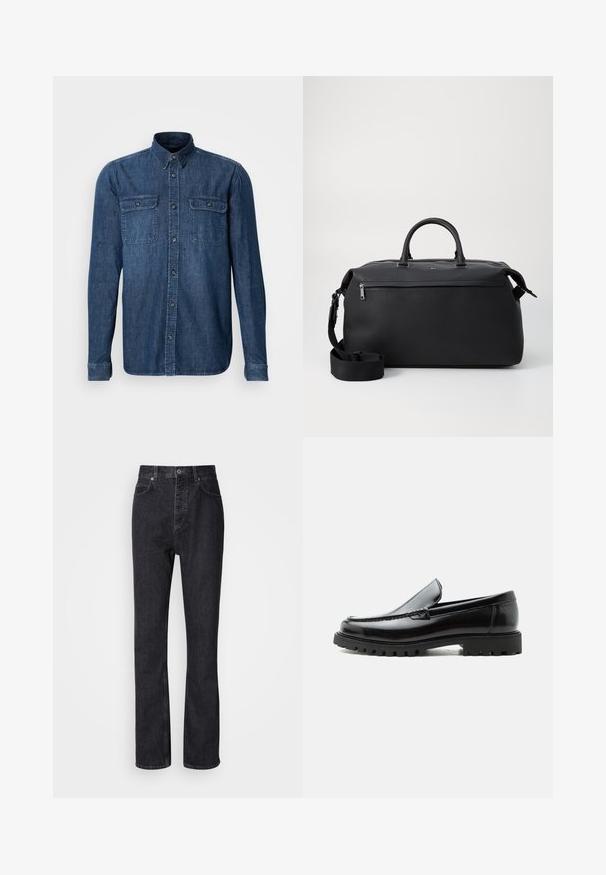 Langärmliges Jeanshemd, dunkelblau, zwei Brusttaschen mit Klappen, Knopfleiste auf der Vorderseite, Kragen und gestickte Details an den Ärmeln.; Hochtaillierte schwarze Jeans aus Denim mit Knopf- und Reißverschluss, Vorder- und Hintertaschen sowie einer geraden Passform.; Schwarzer Lederloafer mit grober Gummisohle, genähter Oberseite und geprägtem Markennamen an der Ferse, seitlich auf weißem Hintergrund gezeigt.; Schwarze Leder-Reisetasche mit zwei Oberhandgriffen, einem abnehmbaren Schultergurt und einer Reißverschlusstasche auf der Vorderseite für zusätzlichen Stauraum.