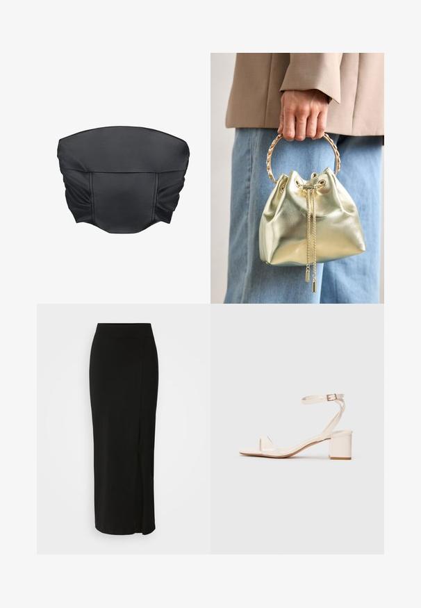 Sorte faux læder cropped top med sammensat tekstur og en struktureret form, der har en glat overflade og minimale sydetaljer.; Sort, knælang skirt lavet af blødt, strækbart stof. Har en tætsiddende talje og en sideslids for øget bevægelsesfrihed.; Beige patentlæder sandal med blokhæl, åben tå, tynd ankelrem og minimalistisk design. Glat tekstur med en subtil glans.; Metallic guld bucket taske med snøre lukning, prydet med et guldkæde håndtag og to dekorative kædetræk foran.