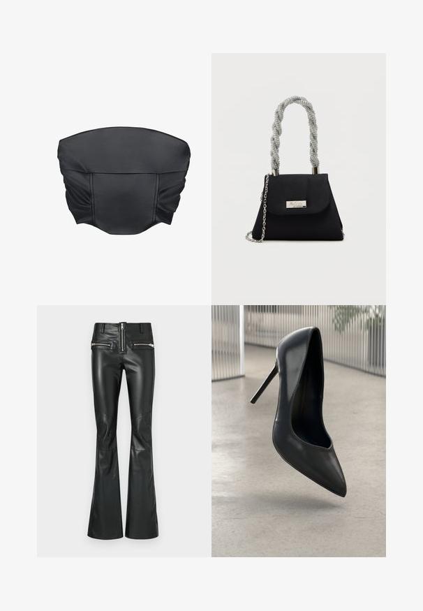 Zwarte nep leren cropped top met geplooide textuur en een gestructureerde vorm, met een gladde oppervlakte en minimale stikdetails.; Zwarte leren flared broek met een hoge taille, voorzien van twee ritszakken aan de voorkant en panelen bij de knieën voor een gedetailleerd ontwerp.; Zwarte leren hoge hak pump met spitse neus, slank ontwerp en geen zichtbare hardware. Gladde textuur en minimalistische stijl.; Zwarte trapezevormige handtas met een gestructureerde zilveren handgreep en kettingriem, met een zilveren rechthoekig plaatje op de voorklep.
