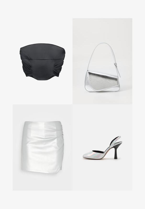 Sorte faux læder cropped top med sammensat tekstur og en struktureret form, der har en glat overflade og minimale sydetaljer.; Even&Odd Shorts - silver; Ted Baker LARRIA - Pumps - silver; Sølvmetallic håndtaske med en trekantet form, glat overflade og en tynd, justerbar skulderrem. Har et fold-over design med syninger.