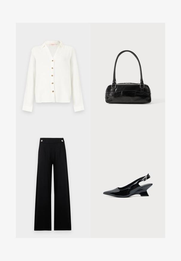 Blouse blanche à manches longues avec un col et cinq boutons marron sur le devant, fabriquée en tissu léger et texturé.; Pantalon noir à jambes larges avec taille haute et deux boutons argentés sur la ceinture, présenté sur un fond clair uni.; Chaussure slingback en cuir verni noir avec bout pointu et petit talon bloc incliné sur fond clair uni.; Sac à main en cuir noir de forme rectangulaire, doté d'une seule ansse structurée, de quincaillerie argentée et d'une fermeture éclair. Texture lisse.