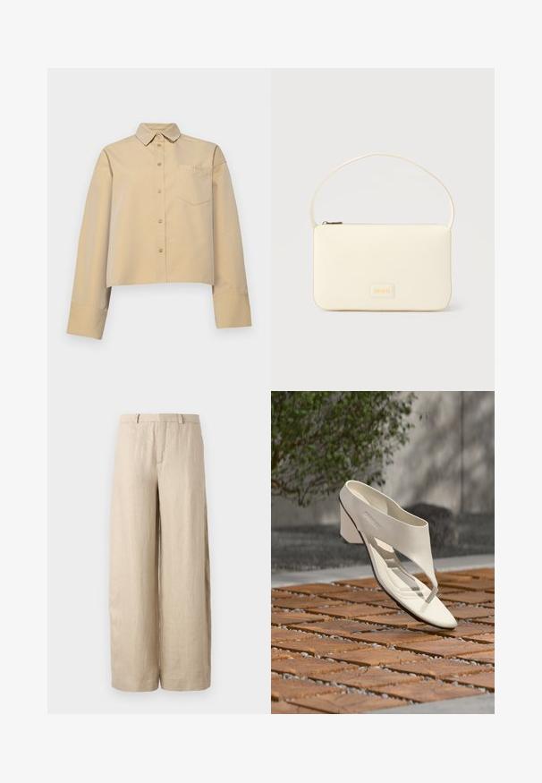 Chemise beige raccourcie en mélange de coton, dotée d'un col pointu, d'une fermeture à boutons et d'une petite poche poitrine avec broderie de logo.; Pantalon large beige en lin. Dispose d'un pli avant, de deux poches latérales et d'une taille avec passants de ceinture. Texture lisse.; Sandale à talon en cuir blanc avec une large bride et un entre-doigts, exposée en extérieur sur une surface carrelée en bois et en gravier avec de la verdure en arrière-plan.; Sac à main rectangulaire de couleur crème avec une seule sangle et une fermeture éclair sur le dessus, comportant une petite plaque de logo embossé à l'avant.