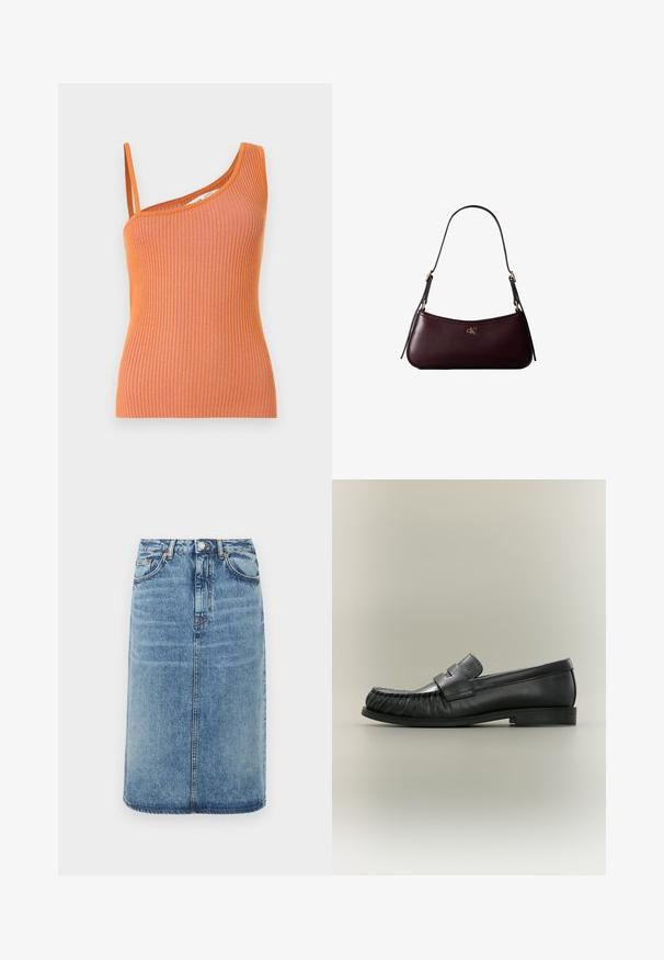 Débardeur orange côtelé avec une seule bretelle, affichant une silhouette ajustée et un tissu texturé.; Jupe en denim bleu clair. Présente une silhouette droite, cinq poches et une fermeture à boutons avec passants de ceinture. Accents de texture usée.; Mocassin penny en cuir noir avec détail plissé au bout et talon bas empilé, vu de côté sur un fond neutre.; Sac à main en cuir bordeaux foncé avec une fine sangle d'épaule noire et un petit logo doré "cK" au centre devant.