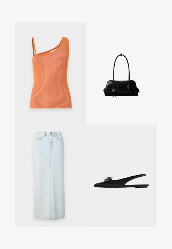 Débardeur orange côtelé avec une seule bretelle, affichant une silhouette ajustée et un tissu texturé.; Jupe maxi en denim bleu clair avec un design droit, fermeture à boutons sur le devant et couture visible. Elle comporte deux poches avant.; Ballerine slingback en cuir noir à bout pointu, avec une large bride et une boucle métallique ronde sur le dessus.; Sac à épaule en cuir noir à texture crocodile, avec de longues sangles et un petit charm logo argenté sur une sangle.