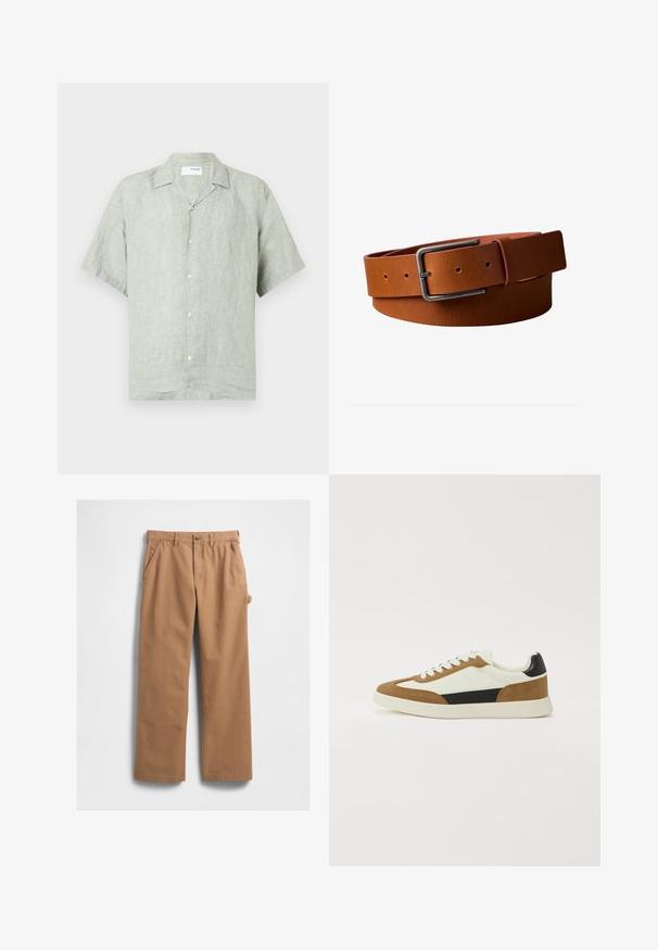 Kurzärmliges, hellgrünes Leinenhemd mit Kragen, Knopfleiste und lockerer Passform. Texturiertes Gewebe mit dezentem Glanz.; Beige Baumwollhose mit geradem Bein, ausgestattet mit Seitentaschen und einer seitlichen Werkzeugtasche. Der Stoff fühlt sich glatt und robust an.; Sneaker mit einer Mischung aus weißen, braunen und schwarzen Materialien, im Design aus Wildleder und Leder, runder Zehenpartie und flacher Gummisohle.; Brauner Ledergürtel mit schwarzer rechteckiger Metallschnalle, verstellbaren Löchern und Schlaufe zum Sichern des Gurtendes.