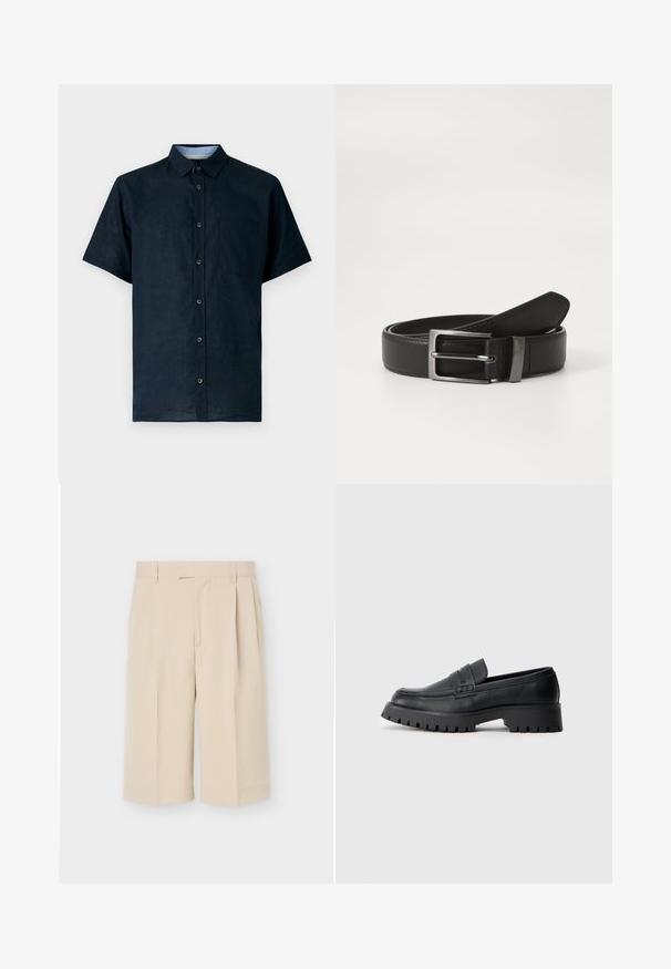 Kurzärmliges navy-blaues Hemd aus leichtem Stoff, mit durchgehender Knopfleiste, spitzem Kragen und einer Brusttasche auf der linken Seite.; Beige, kniehohe, maßgeschneiderte Shorts mit Gürtelschlaufen und vorderen Falten vor schlichtem hellem Hintergrund.; Schwarze Leder-Loafer mit abgerundeter Schuhspitze, ausgestattet mit einem dekorativen Riemen und einer robusten Gummisohle mit tiefem Profil für besseren Halt.; Schwarzer Ledergürtel mit einer silbernen Metallschnalle, der eine glatte Oberfläche und ein klassisches Design aufweist. Der Gürtel ist ordentlich gefaltet.