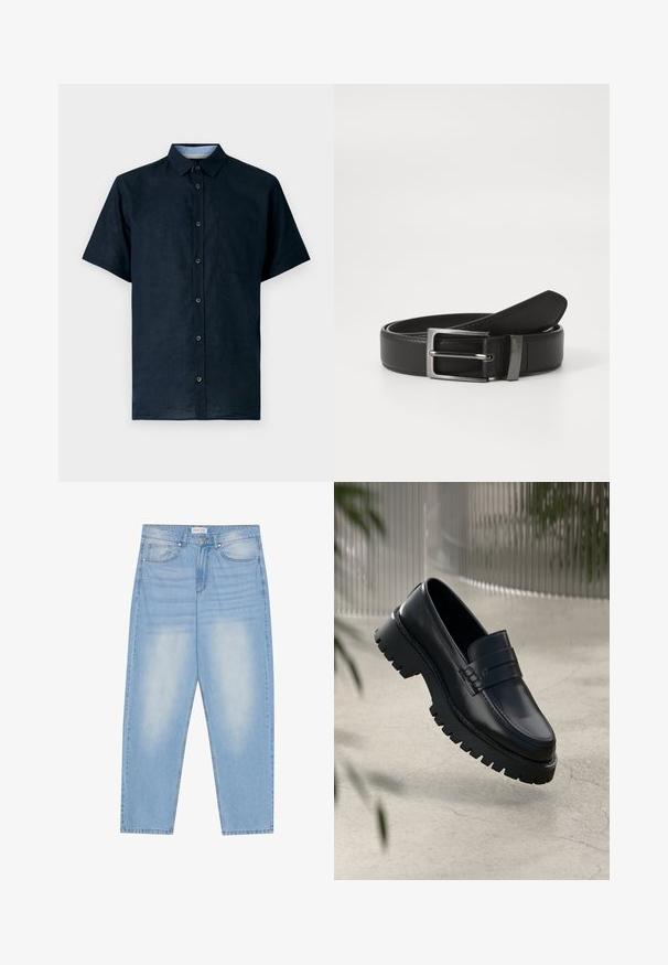 Kortærmet marineblå skjorte lavet af let materiale, med knaplukning foran, spidse kraver og en venstre brystlomme.; Lyseblå denimjeans med en afslappet pasform, der har fem lommer, subtil falming og syninger langs sømmene.; Sorte læder loafers med en chunky sål, der har en dekorativ rem og syninger. Glat tekstur med en poleret overflade.; Sort læderbælte med en sølvmetal spænde, der har en glat overflade og et klassisk design. Bæltet er pænt foldet.