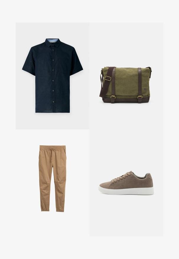 Camisa de manga corta en color navy, hecha de una tela ligera, con cierre de botones en la parte delantera, cuello puntiagudo y un bolsillo en el pecho izquierdo.; Pantalones de algodón marrón con mezcla, cinturilla elástica, cordón ajustable y puños ajustados. Textura suave, sin patrones visibles ni elementos de hardware.; Zapatillas de ante marrón con suelas de goma blanca planas, diseño de cordones, punta redondeada y una textura suave. Estilo minimalista con sutiles detalles de costura.; Bolso mensajero de tela verde con detalles de cuero marrón, tapa frontal, correa ajustable y cierre con cremallera en la parte superior. Presenta herrajes dorados.