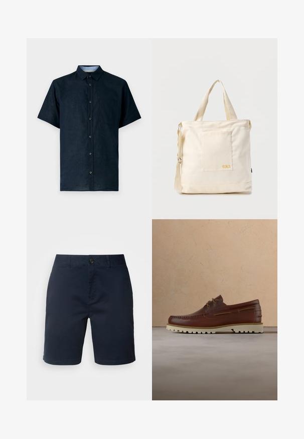 Camisa de manga corta en color navy, hecha de una tela ligera, con cierre de botones en la parte delantera, cuello puntiagudo y un bolsillo en el pecho izquierdo.; Shorts azul marino de algodón, con cierre de botón y cremallera, parte delantera plana y bolsillos laterales con una textura suave.; Zapato casual marrón de cuero con cordones y suela de goma color crema suspendido sobre una alfombra beige cerca de una mesa de café de madera con libros.; Bolsa tote de lona color crema con bolsillo delantero, dos asas, correa de hombro ajustable y pequeño texto amarillo "O.N.S" en la parte inferior derecha del bolsillo.