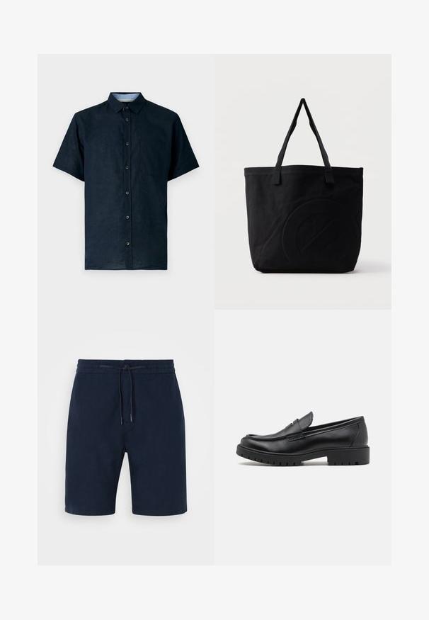 Chemise à manches courtes bleu marine en tissu léger, dotée d'un devant à boutons, d'un col pointu et d'une poche sur la poitrine gauche.; Shorts bleu marine en tissu doux, avec une taille élastique dotée d'un cordon de serrage, des poches latérales et des jambes droites.; Mocassins en cuir noir avec un bout arrondi, un design à enfiler et une semelle en caoutchouc épaisse avec une texture antidérapante. Talon surélevé et détails de surpiqûre subtils.; Sac fourre-tout en toile noire avec deux bandoulières et un motif circulaire discret en relief sur le devant.