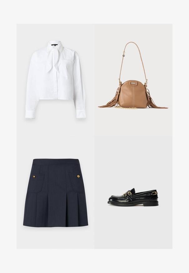 Blouse blanche à manches longues avec col pointu, détail de nœud à l'avant, poche poitrine et bordure en dentelle sur le col et les poignets.; Jupe à rayures bleu marine foncé avec des plis à l'avant et deux poches à rabat ornées de boutons dorés de chaque côté.; Mocassins en cuir noir avec une finition brillante, dotés de deux boucles dorées et d'un talon bas. Texture lisse avec un design à bout arrondi.; Petit sac à bandoulière en cuir fauve avec longue bandoulière, détail chaîne dorée et franges des deux côtés sur un fond neutre.