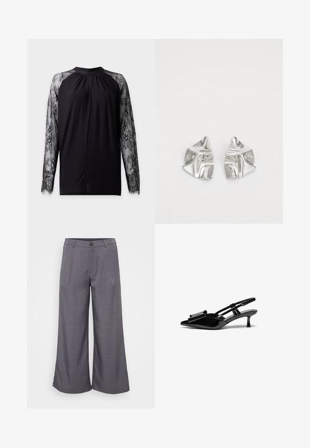 Blouse noire à manches longues avec manches en dentelle florale transparente et col rond haut avec fermeture par bouton au dos.; Pantalons larges gris en tissu lisse, avec une fermeture par bouton à l'avant, des plis et une coupe décontractée jusqu'à la cheville.; Talons aiguilles en cuir verni noir avec un bout pointu, un détail en nœud à l'avant et un petit talon stiletto. Les brides sont équipées de boucles ajustables.; Boucles d'oreilles en métal argenté avec un design ondulé et sculptural, présentant une finition polie et des formes irrégulières, mettant en valeur une esthétique contemporaine.