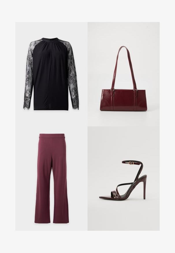 Blouse noire à manches longues avec manches en dentelle florale transparente et col rond haut avec fermeture par bouton au dos.; Pantalon taille haute à jambes larges de couleur violet foncé uni, avec une ceinture lisse sans poches visibles ni motifs.; Sandale à talons hauts en cuir verni bourgogne avec une bride de cheville, bout pointu et trois bandes horizontales sur le pied. Détail de boucle dorée.; Sac à main bordeaux en matériau brillant, de forme rectangulaire, avec deux anses et des accents légèrement courbés à l'avant.