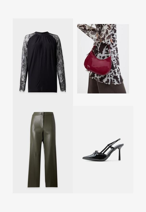 Blouse noire à manches longues avec manches en dentelle florale transparente et col rond haut avec fermeture par bouton au dos.; Pantalon droit taille haute en similicuir vert olive foncé avec bouton et fermeture éclair cachée à l'avant.; Chaussure slingback à talon haut en cuir verni noir, avec bout pointu, talon fin et double brides décoratives sur le cou-de-pied.; Femme portant un chemisier à motif noir et blanc tenant un sac à main rouge brillant sur un fond uni.