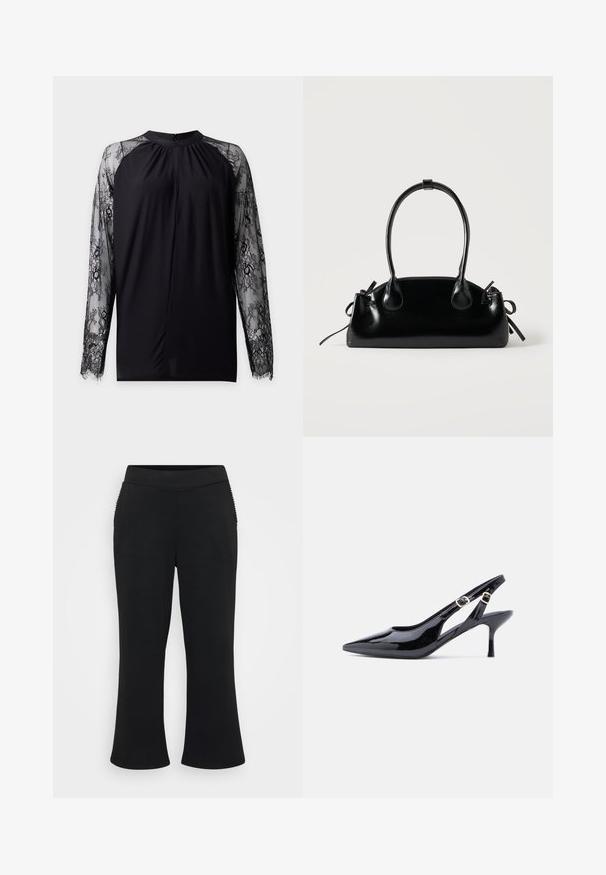Blouse noire à manches longues avec manches en dentelle florale transparente et col rond haut avec fermeture par bouton au dos.; Pantalons évasés noirs avec une texture lisse et extensible. Dotés d'une large ceinture et d'accents côtelés sur les poches latérales.; Escarpin slingback en cuir verni noir avec bout pointu, bride à boucle réglable et talon haut et fin. Présente une découpe latérale ouverte.; Petit sac à main noir brillant avec deux longues anses et des détails à cordon sur les côtés sur un fond clair uni.