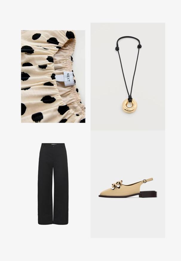Tissu crème avec des pois noirs, présentant une texture froncée. L'étiquette indique "NEXT." Mise au point sur le motif imprimé et les détails de fronces élastiques.; Pantalon noir à jambes larges avec passants pour ceinture, fermeture par bouton et taille mi-haute, présenté sur fond blanc.; Chaussure plate beige à bride arrière avec un petit talon marron foncé et deux sangles roulées décoratives sur le dessus.; Collier à cordon noir réglable avec un pendentif circulaire creux en ton or poli.