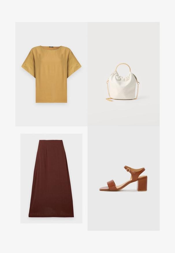 Korte mouwen, mosterdkleurig top met een ronde hals en een relaxte pasvorm. Gemaakt van gladde stof met een eenvoudig, schoon ontwerp.; Bruine high-waist A-lijn rok met een gladde textuur, knielengte, afgebeeld tegen een witte achtergrond.; Bruine leren sandaal met hak, vierkante neus, verstelbare enkelband en blokhak. Gladde textuur en minimalistisch ontwerp.; Kleine witte geweven handtas met ronde gouden handgreep en gouden kettingriem, getoond op een neutrale achtergrond.