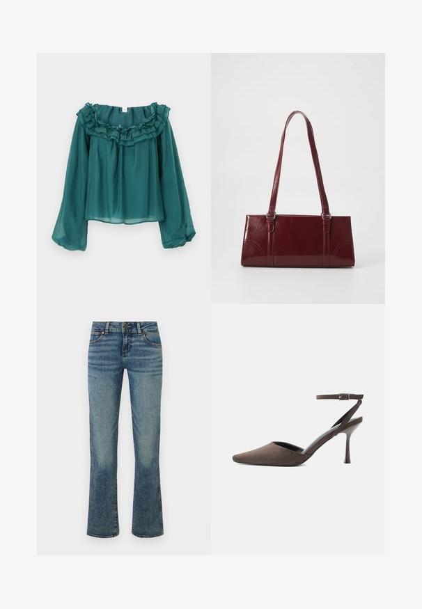 Blouse turquoise à épaules dénudées avec encolure à volants, manches longues, texture légère et coupe ample, conçue pour une silhouette décontractée.; Jean en denim bleu avec une taille mi-haute, fermeture par boutons, poches avant et jambes légèrement évasées avec des détails délavés.; Chaussure à talon haut en daim marron à bout pointu, avec une fine bride de cheville et une boucle argentée sur fond blanc.; Sac à main bordeaux en matériau brillant, de forme rectangulaire, avec deux anses et des accents légèrement courbés à l'avant.