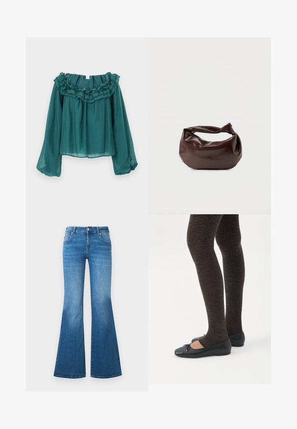 Blouse turquoise à épaules dénudées avec encolure à volants, manches longues, texture légère et coupe ample, conçue pour une silhouette décontractée.; Jean en denim bleu évasé avec une taille mi-haute, cinq poches et des détails décolorés sur les cuisses. Accents en métal argenté sur les boutons.; Jambes portant des leggings côtelés foncés associés à des ballerines noires avec de petits détails en nœud sur fond blanc.; Sac bandoulière en cuir marron foncé avec une forme souple et décontractée et une anse nouée torsadée sur un fond blanc uni.