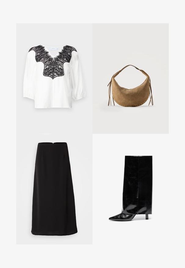 Hvid bluse med sort blonderdetalje ved udskæringen, med en V-formet skæring og puffede ærmer. Glat stof med indviklet blonderdesign.; Sort midi-skjørt med en glat tekstur, lige silhuet og lynlås bagpå. Har diskret plissering for ekstra detaljer og bevægelse.; Sorte læder ankelstøvler med spids tå og blokhæl, der har en høj, blank skaft og en tekstureret overflade på den nedre del.; Brun ruskind crescentformet håndtaske med kort håndtag, gyldne nitter langs kanterne og læderkvaster på begge sider.
