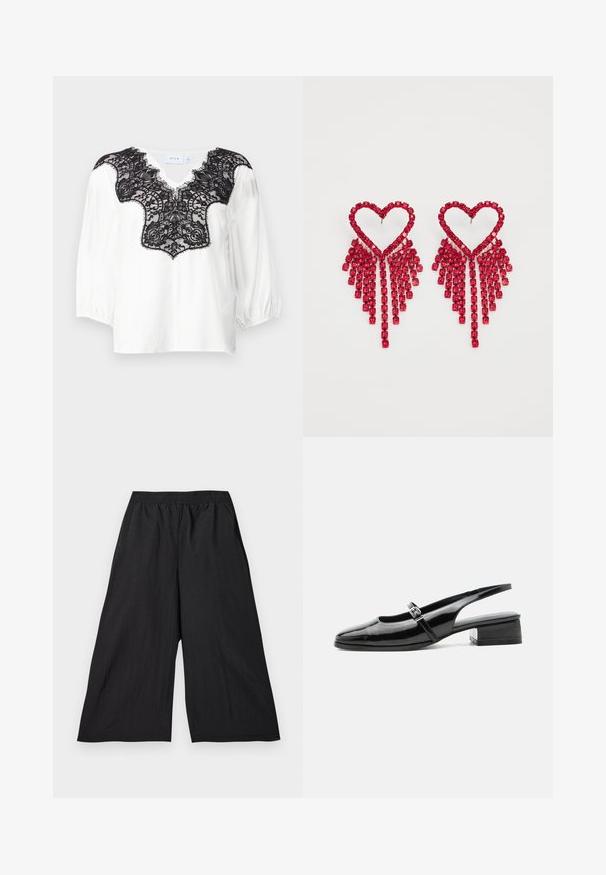 Hvid bluse med sort blonderdetalje ved udskæringen, med en V-formet skæring og puffede ærmer. Glat stof med indviklet blonderdesign.; Sorte cropped bukser med brede ben og elastisk talje, lavet af let stof, vist fladt mod en lys baggrund.; Sort laklæderslingback-sko med lav blokhæl og tynd rem med sølvspænde over toppen.; Even&Odd Øreringe - red