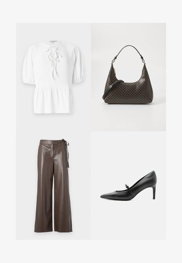 Blouse blanche avec un col rond, des manches courtes bouffantes et un cordon à nouer à l'avant. Dotée d'un tissu tissé texturé et d'un ourlet évasé.; Pantalons larges en simili cuir marron avec taille haute et détail de lien sur le côté, sur fond blanc.; Escarpin noir en cuir à bout pointu avec une fine bride et une boucle sur le cou-de-pied, posé sur un fond clair neutre.; Sac à épaule en cuir noir avec un motif géométrique beige répétitif, fermeture éclair dorée et deux anses réglables sur fond blanc.