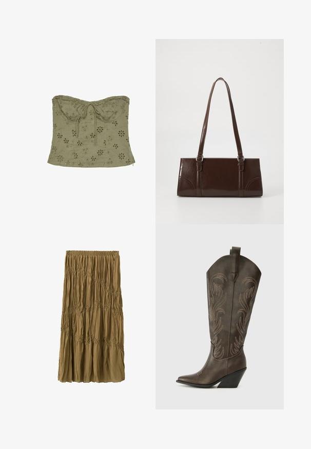 Top court bustier vert olive avec broderie florale à œillets et détail noué à l'avant au niveau de l'encolure.; Jupe longue marron avec taille élastique et détails de tissu froncés créant des motifs ondulés horizontaux tout au long de sa longueur.; Botte de cowboy en cuir marron avec un embout pointu, un talon compensé et des broderies décoratives. Dispose d'un long tige et d'une languette de tirage.; Sac à main en cuir verni marron de forme rectangulaire, avec deux longues poignées et des accents courbés subtils à l'avant.