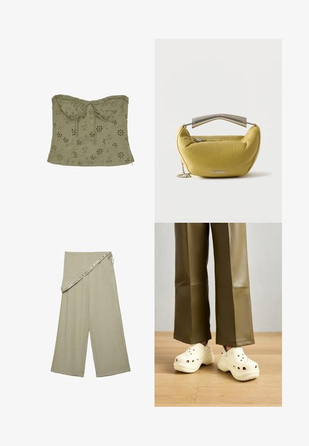 Top court bustier vert olive avec broderie florale à œillets et détail noué à l'avant au niveau de l'encolure.; Pantalon beige à jambes larges avec un rabat asymétrique en robe maintenu par des liens latéraux et des clous métalliques ronds décoratifs le long du bord.; Des sabots blancs avec des trous de ventilation et une semelle chunky légèrement surélevée, associés à un pantalon large olive brillant.; Sac à main en cuir texturé jaune avec poignée supérieure en métal et bandoulière chaîne, avec une poche zippée à l'avant et un logo Steve Madden argenté.