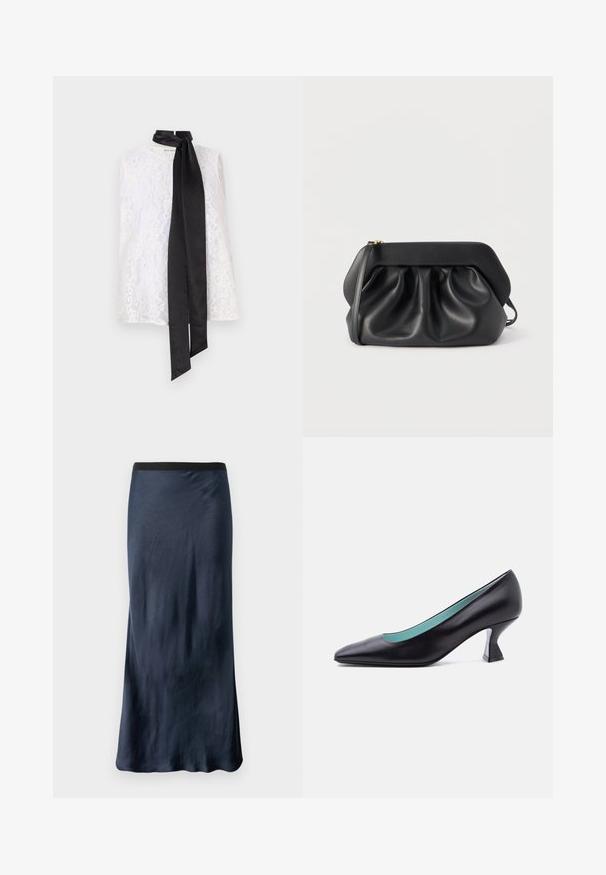 Haut en dentelle blanche avec un col montant et un ruban en satin noir noué au niveau du col. Motif de dentelle complexe et texture lisse.; Jupe A-ligne marine en satin lisse avec une taille élastique noire. Présente un léger éclat et un design longueur sol.; Escarpin en cuir noir à bout pointu avec un petit talon bloc de forme unique et une doublure intérieure bleu clair, présenté sur un fond blanc uni.; Pochette en cuir noir avec une structure rigide, des détails froncés et une fine lanière de poignet sur fond blanc.