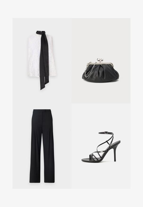 Haut en dentelle blanche avec un col montant et un ruban en satin noir noué au niveau du col. Motif de dentelle complexe et texture lisse.; Pantalons larges noirs avec un devant plat, des plis et une taille ajustée. Fabriqués en tissu lisse et léger.; Sandale noire à talons hauts avec des brides fines, une boucle à la cheville, une surface en cuir lisse et un talon aiguille élancé.; Porte-monnaie en cuir noir avec texture froncée, cadre en métal argenté, fermeture à verrouillage kiss-lock et bandoulière en chaîne. Surface lisse et douce.