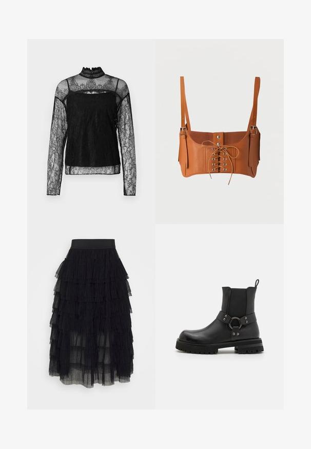 Top de encaje negro de manga larga con cuello alto, patrón floral intrincado, tejido transparente y panel sólido en la zona del pecho.; Falda de tul negra con volantes en capas, cintura elástica y textura transparente. Diseño fluido con longitudes de volantes variables en toda la falda.; Botines negros de cuero suave con suela de goma. Presentan un panel lateral elástico y un detalle de anillo metálico con tachuelas.; Corsé corto de cuero marrón con cordones en la parte delantera, ojales plateados, botones a presión y tirantes ajustables con hebillas metálicas.