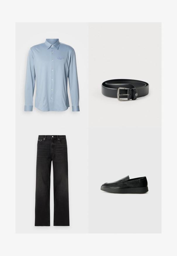 Chemise à manches longues bleu clair en tissu lisse, dotée d'un col pointu et d'un devant boutonné, avec un logo brodé discret sur la poitrine.; Jean noir droit avec cinq poches, passants pour ceinture et fermeture par bouton, présenté sur un fond blanc.; Calvin Klein HYBRID CUP - Chaussons - triple black; Ceinture en cuir noir avec une boucle en métal argenté brillante, texture lisse et bords cousus. Dispose d'une boucle pour fixer l'extrémité de la ceinture.