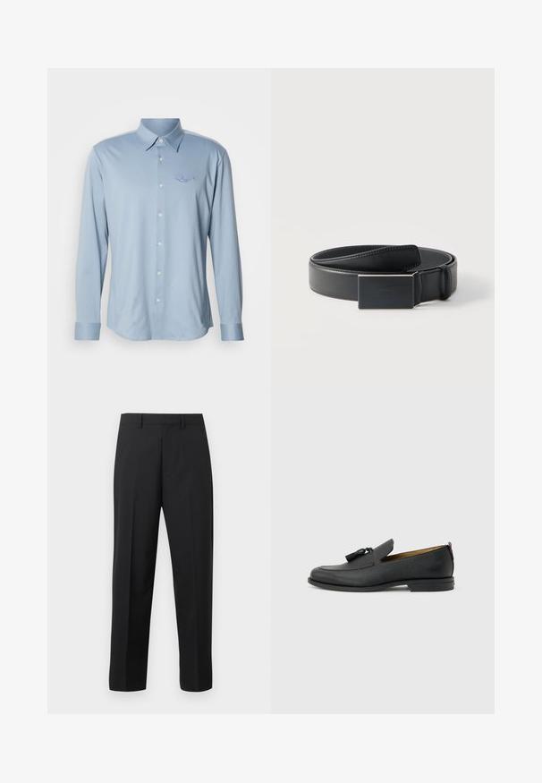 Chemise à manches longues bleu clair en tissu lisse, dotée d'un col pointu et d'un devant boutonné, avec un logo brodé discret sur la poitrine.; Pantalon droit noir avec passants de ceinture, pli avant et braguette zippée sur fond blanc.; Mocassin pour homme en cuir noir avec pompons, bout arrondi, petit talon et languette à l'arrière, présenté de profil sur un fond gris clair.; Ceinture en cuir noir enroulée avec une boucle noire mate rectangulaire et un logo embossé discret sur fond blanc.