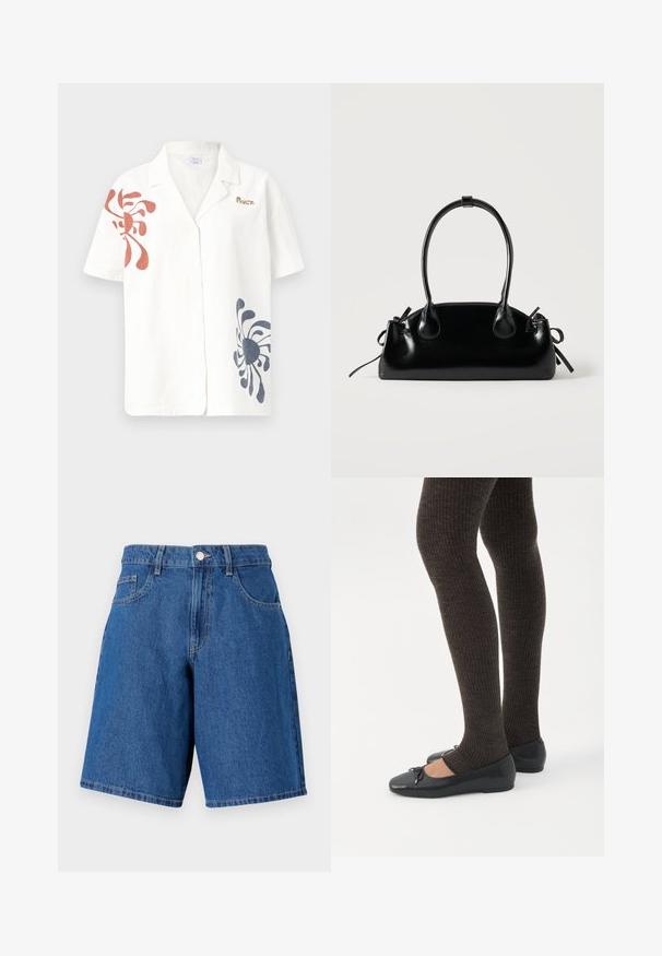 Chemise en lin à manches courtes de couleur blanc cassé avec des motifs abstraits rouges et bleus marine. Dotée d'un col classique et d'une fermeture à boutons. Accent logo doré.; Shorts en denim bleu moyen, avec une taille haute, des passants de ceinture, deux poches avant et une coupe droite avec des détails cousus.; Jambes portant des leggings côtelés foncés associés à des ballerines noires avec de petits détails en nœud sur fond blanc.; Petit sac à main noir brillant avec deux longues anses et des détails à cordon sur les côtés sur un fond clair uni.