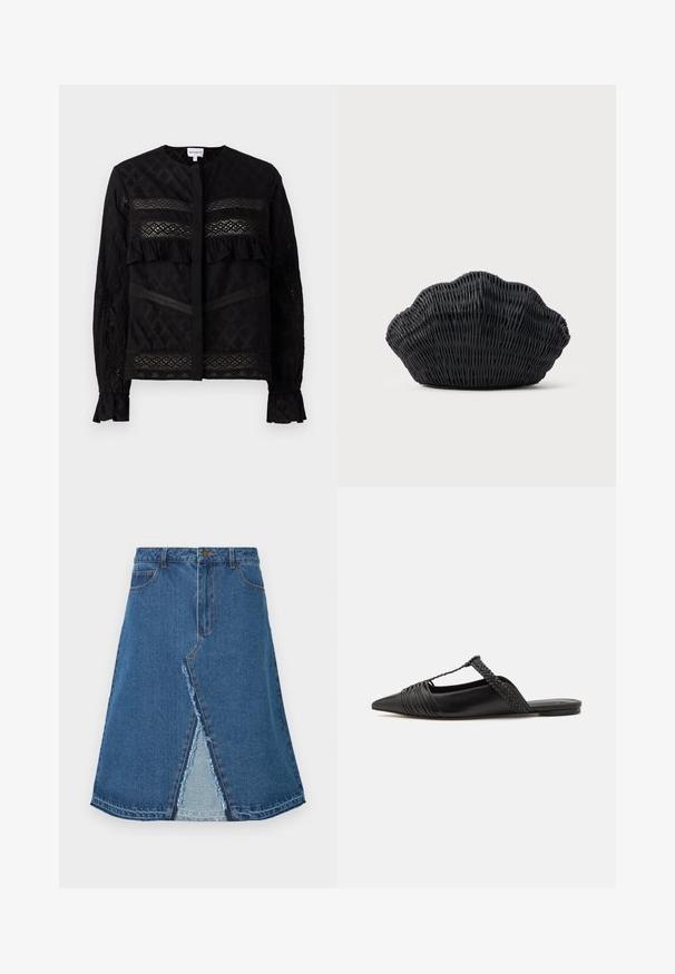Sort bluse med rund krave, der har gennemsigtige blonder, ruffle-detaljer og teksturerede mønstre. Lange ærmer med elastiske manchetter.; Blå denimnederdel med en u-dragt form, der har en slids foran og frynset kant. Klassisk fem-lomme design og metalknaplukning.; Sort læderslyngeback sko med spids tå, der har en vævet detalje og en plisseret overdel. Flad sål med minimal hardware.; Sort flet håndtaske formet som en muslingeskal med en buet top og flettet tekstur på en ensfarvet baggrund.