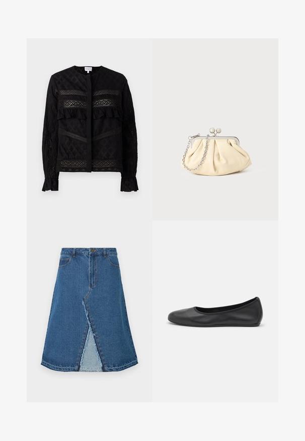 Sort bluse med rund krave, der har gennemsigtige blonder, ruffle-detaljer og teksturerede mønstre. Lange ærmer med elastiske manchetter.; Blå denimnederdel med en u-dragt form, der har en slids foran og frynset kant. Klassisk fem-lomme design og metalknaplukning.; Sort læderballetsko med rund tå, glat tekstur, minimal syning og et fleksibelt såldesign.; Plisseret beige læderclutch med en sølvmetalramme, der har to runde dekorative låse og en sølvkædetrasporte.