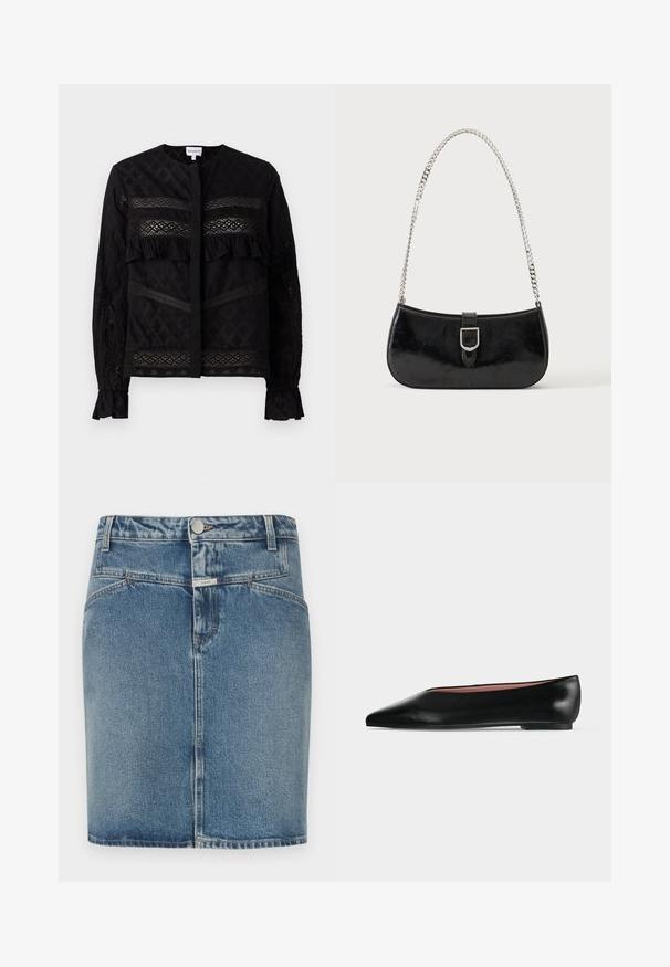 Sort bluse med rund krave, der har gennemsigtige blonder, ruffle-detaljer og teksturerede mønstre. Lange ærmer med elastiske manchetter.; Denim nederdel i lyseblå vask, med tætsiddende pasform, fem-lomme design, knaplukning foran og synlige syningsdetaljer.; Sort damesko i læder med flad hæl og spids tå, vist fra siden på en ensfarvet lys grå baggrund.; Sort skuldertaske i laklæder med sølv spænde og sølv kæderem, vist mod en ensartet lys baggrund.