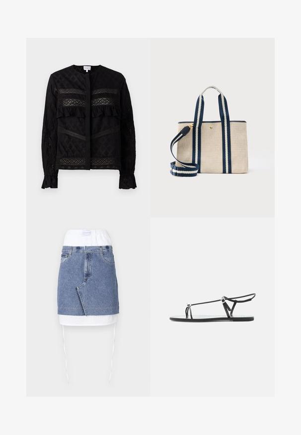 Sort bluse med rund krave, der har gennemsigtige blonder, ruffle-detaljer og teksturerede mønstre. Lange ærmer med elastiske manchetter.; Denim nederdel med en blå krop, hvid perforeret talje og snoretræk. Har forlommer og en lige pasform med rå kant.; Sort flad sandal med tynde remme, en tå-løkke og en justerbar ankelspænde på en lys grå baggrund.; Beige stoftaske med navyblå og hvide stribede håndtag og aftagelig skulderrem, med en lille guldknap som lukning.