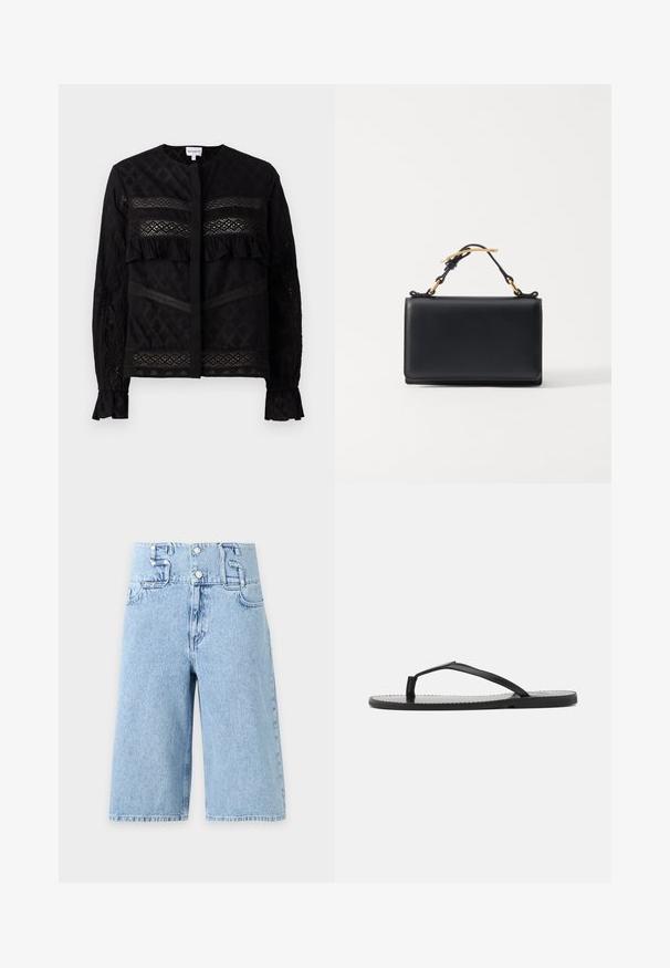 Sort bluse med rund krave, der har gennemsigtige blonder, ruffle-detaljer og teksturerede mønstre. Lange ærmer med elastiske manchetter.; Lyseblå højtaljede jeansshorts med brede ben, knaplukning foran og store bæltestropper formet som tallene fem og seks.; Sorte flip-flops med minimalistisk design, der har tynde stropper og en flad sål. Materialet ser ud til at være plast med en glat overflade.; Sort læderhåndtaske med rektangulær form, der har en top-håndtag og hardware i guldtonet. Glat tekstur, minimalistisk design.