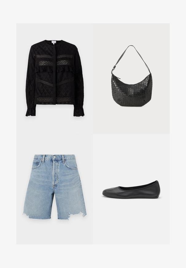 Zwarte blouse met een ronde kraag, voorzien van doorschijnende kantpanelen, ruches en textuurpatronen. Lange mouwen met elastische manchetten.; Lichtblauwe denim shorts met een hoge taille, voorzien van een rafelrand, twee voorzakken en een klassiek vijf-zakken ontwerp.; Zwarte leren ballerina met een ronde neus, gladde textuur, minimale stikdetails en een flexibele zoolontwerp.; Geweven zwarte leren handtas met een gebogen vorm, enkele schouderriem en ritssluiting. De gestructureerde afwerking voegt diepte toe aan het ontwerp.
