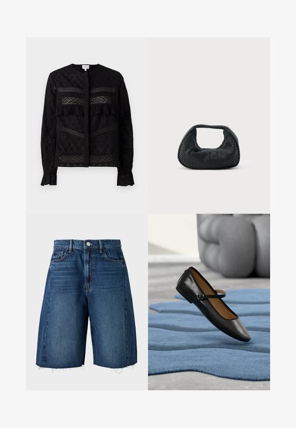 Sort bluse med rund krave, der har gennemsigtige blonder, ruffle-detaljer og teksturerede mønstre. Lange ærmer med elastiske manchetter.; Mørkeblå denim knæshorts med forlommer, bæltestropper, knaplukning og rå, frynsete kanter.; Sort læder Mary Jane-sko med spænde, vist på et struktureret blåt tæppe, med en sløret grå tuftet sofa i baggrunden.; Sort flettet hobo-taske med blød struktur og integreret håndtag, vist på en ensfarvet lys baggrund.