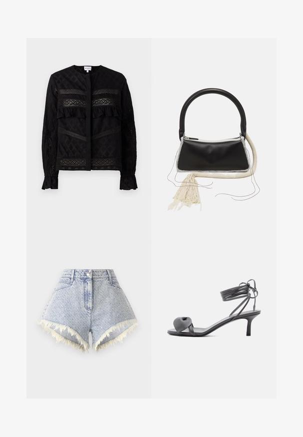 Sort bluse med rund krave, der har gennemsigtige blonder, ruffle-detaljer og teksturerede mønstre. Lange ærmer med elastiske manchetter.; Lyseblå denimshorts med en frynset kant og hvide detaljer, med lukning foran med knap og to baglommer.; Grå læder sandal med hæl, knyttet rem ved tæerne og snørebånd, der vikles om anklen, på slank mellemhøj hæl mod hvid baggrund.; Sort lædertaske med et afrundet håndtag, sølv lynlås, hvid pelskant og en lang cremet kvast hæftet på forsiden.