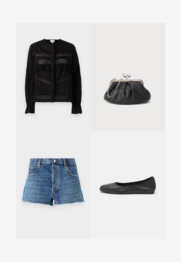 Blouse noire avec un col rond, mettant en valeur des panneaux en dentelle transparente, des accents froncés et des motifs texturés. Manches longues avec des poignets élastiques.; FRAME THE HANG - Short en jean - dark blue; Ballerines en cuir noir avec un bout rond, texture lisse, détails de couture minimalistes et design de semelle flexible.; Porte-monnaie en cuir noir avec texture froncée, cadre en métal argenté, fermeture à verrouillage kiss-lock et bandoulière en chaîne. Surface lisse et douce.