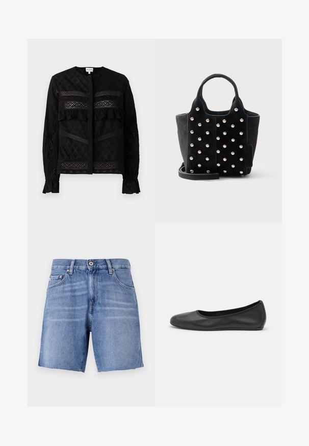 Sort bluse med rund krave, der har gennemsigtige blonder, ruffle-detaljer og teksturerede mønstre. Lange ærmer med elastiske manchetter.; Lyseblå denimshorts med lige snit, rå kant, fem lommer og metalknaplukning. Stoffet har en glat tekstur med let falming.; Sort læderballetsko med rund tå, glat tekstur, minimal syning og et fleksibelt såldesign.; Sort ruskindstaske med runde sølvnitter, to korte håndtag og en aftagelig skulderrem på hvid baggrund.