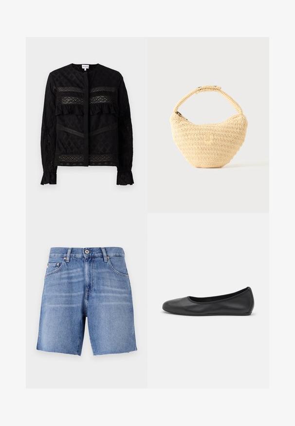 Sort bluse med rund krave, der har gennemsigtige blonder, ruffle-detaljer og teksturerede mønstre. Lange ærmer med elastiske manchetter.; Lyseblå denimshorts med lige snit, rå kant, fem lommer og metalknaplukning. Stoffet har en glat tekstur med let falming.; Sort læderballetsko med rund tå, glat tekstur, minimal syning og et fleksibelt såldesign.; Beige vævet håndtaske med afrundet krop, lynlås, og en kort, tyk strop i en enkel, tekstureret hæklestil.