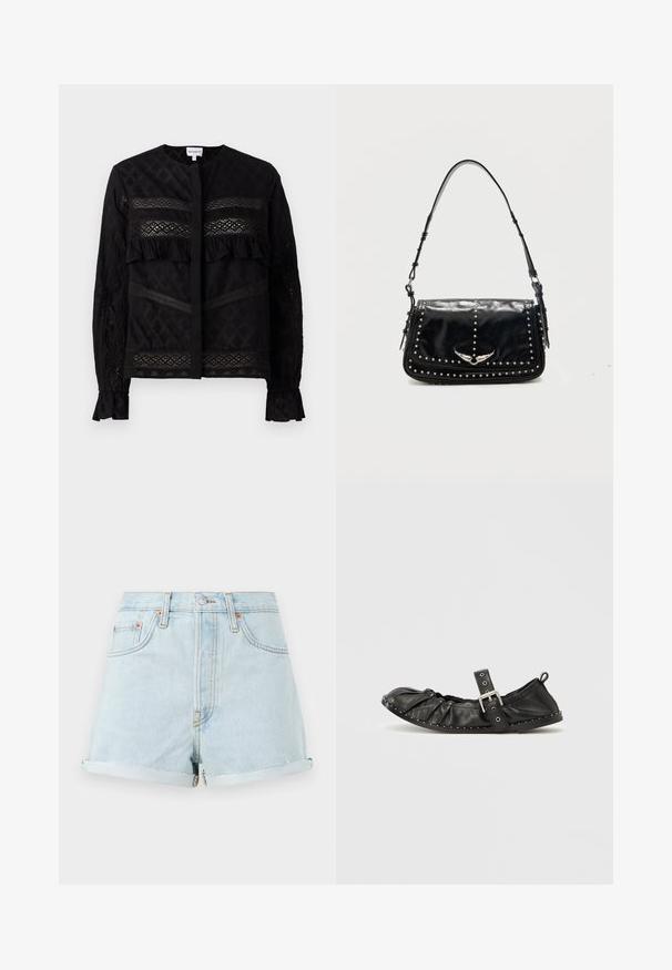 Sort bluse med rund krave, der har gennemsigtige blonder, ruffle-detaljer og teksturerede mønstre. Lange ærmer med elastiske manchetter.; Lyseblå denim shorts med høj talje, opadvendte manchetter, kobbernitter og en frontlynlås. Har klassisk fem-lomme stil.; Sort læderballerina med samlet forside og ankelrem. Dekorativt sølvspænde og små hvide sømdetaljer langs sålen.; Sort læder skuldertaske med sølvlignende nitter og vingeformet metalemblem på frontklappen mod en ensfarvet baggrund.