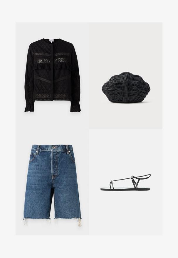 Blouse noire avec un col rond, mettant en valeur des panneaux en dentelle transparente, des accents froncés et des motifs texturés. Manches longues avec des poignets élastiques.; FRAME THE LEISURE - Short en jean - blue; Sandale plate noire avec fines lanières, une boucle pour les orteils et une boucle de cheville ajustable sur un fond gris clair.; Sac à main en osier noir en forme de coquille Saint-Jacques avec un dessus courbé et une texture tressée sur un fond uni.
